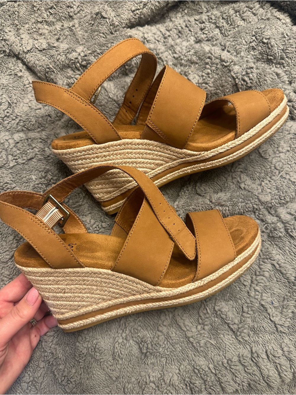Toms Tan Espadrille Wedge Sandals with Ankle Strap